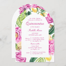 Watercolor Floral Peonies QR Code Quinceañera Kaart