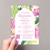 Watercolor Floral Photo QR Code Quinceañera Acryl Uitnodigingen (Insitu (Draagbaar))