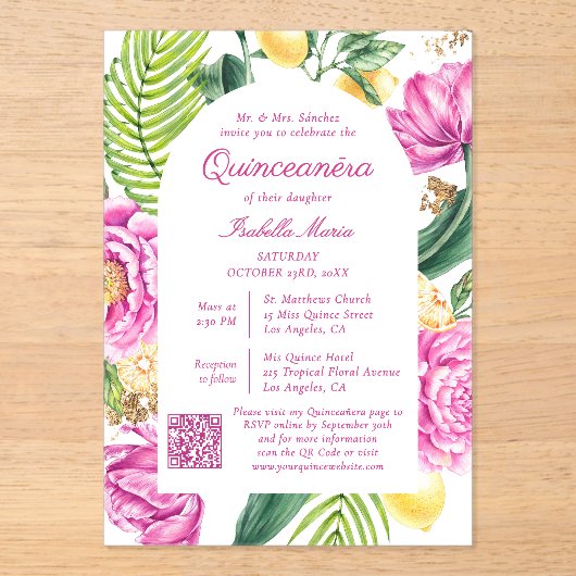 Watercolor Floral Photo QR Code Quinceañera Acryl Uitnodigingen (Voorkant)
