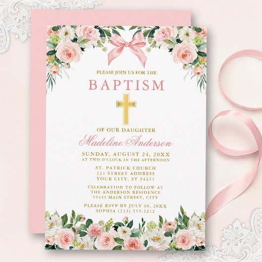 Watercolor Floral Pink Bow Gold Baptism Kaart