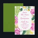 Watercolor Floral Pink Peonies Tulips Quinceañera Save The Date<br><div class="desc">Watercolor Floral Pink Peonies Tulips Quinceañera Save the Dates Invitations features a floral frame of pink tulips, pink peonies, lemon citrus with palm fronds and greenery with gold shimmer accents on a white background. Inside is your custom Quinceañera save the date information. Personalize by editing the text in the text...</div>