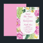 Watercolor Floral Pink Peonies Tulips Quinceañera Save The Date<br><div class="desc">Watercolor Floral Pink Peonies Tulips Quinceañera Save the Dates Invitations features a floral frame of pink tulips, pink peonies, lemon citrus with palm fronds and greenery with gold shimmer accents on a white background. Inside is your custom Quinceañera save the date information. Personalize by editing the text in the text...</div>