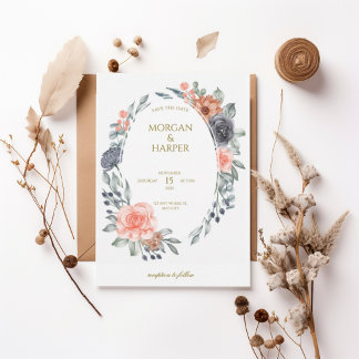 Watercolor Floral Save the Date with Oval Wreath Kaart