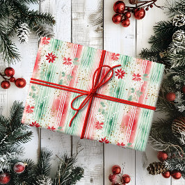 Watercolor Floral Striped Holiday Cadeaupapier