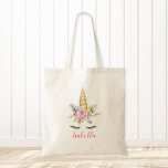 Watercolor Floral Unicorn Personalized Tote Bag<br><div class="desc">Sweet unicorn girl tote bag. This cute design features watercolor pink,  purple and blue flowers and a unicorn face. Personalize with a name using the online template fields.</div>