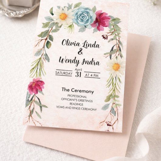 Watercolor Floral Wedding Ceremony Invitation Kaart