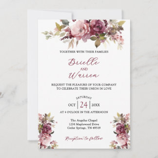 Watercolor Floral Wedding Invitation Burgundy Pink Kaart