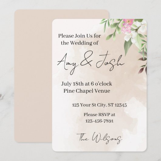 Watercolor Floral Wedding Invitation Kaart (Voorkant / Achterkant)