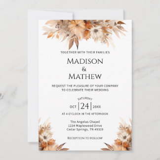 Watercolor Floral Wedding Invitation Orange Brown Kaart