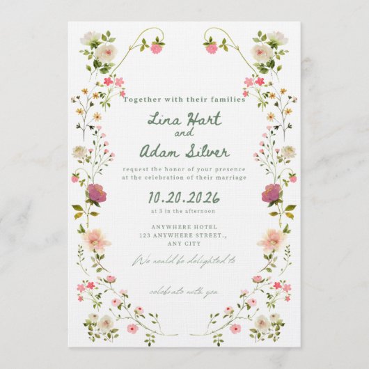 Watercolor Floral Wedding Invitation Template  Kaart (Voorkant)