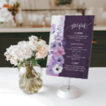 Watercolor Floral Wedding Menu Card<br><div class="desc">An elegant purple floral wedding menu card featuring soft watercolor flowers in lavender, blush, and white, accented with delicate botanical line art and a graceful butterfly. The tall vertical layout with a deep plum panel creates a romantic and sophisticated presentation, perfect for displaying starters, main course, and dessert in a...</div>