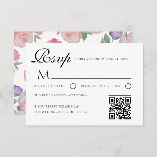 Watercolor Floral Wedding RSVP Card with QR Code (Voorkant / Achterkant)