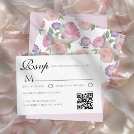 Watercolor Floral Wedding RSVP Card with QR Code Kaartje