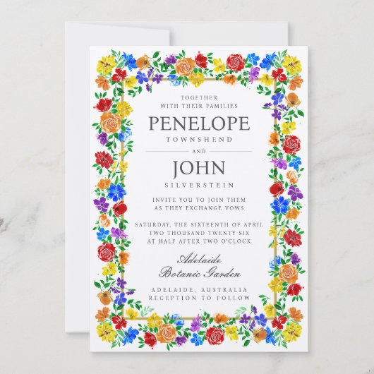 Watercolor Flower Botanical Garden Rainbow Wedding Kaart (Voorkant)