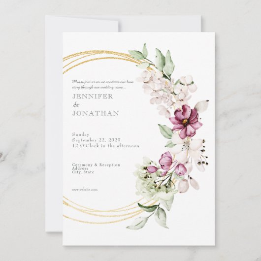 Watercolor Flower Floral Gold Wedding Invitation Kaart (Voorkant)