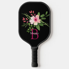 Watercolor Flower, Name & Monogram on Black Pickleball Paddle