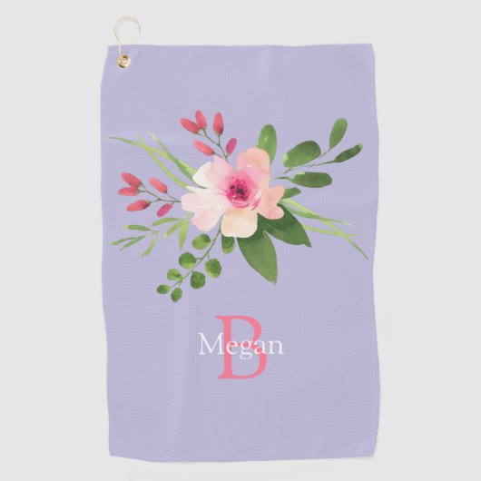 Watercolor Flower, Name & Monogram on Lavender Golfhanddoek (Voorkant)