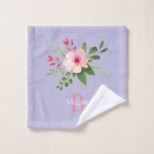Watercolor Flower, Name & Monogram on Lavender Washandje (Wasdoekje)