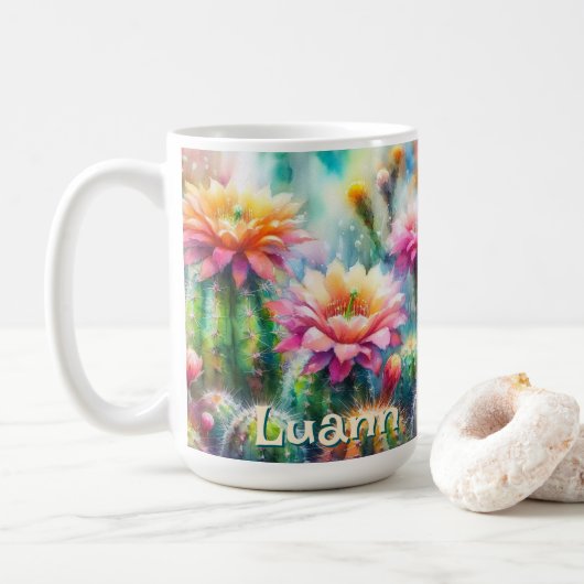 Watercolor Flowering Succulent Cacti Personalized Koffiemok (Met donut)