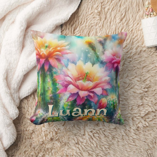 Watercolor Flowering Succulent Cacti Personalized Kussen (Deken)