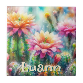 Watercolor Flowering Succulent Cacti Personalized Tegeltje