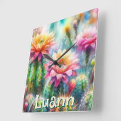 Watercolor Flowering Succulent Cacti Personalized Vierkante Klok (Hoek)