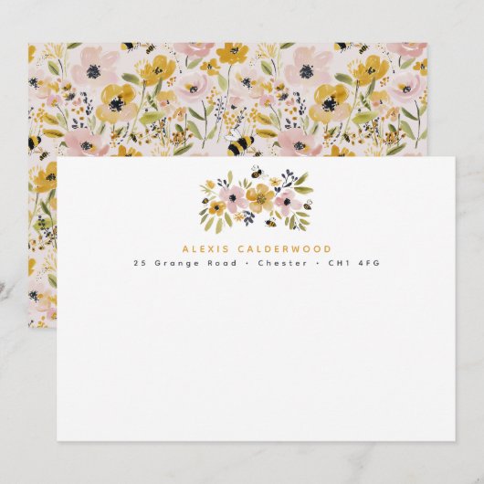 Watercolor Flowers & Bees Personalized Notitiekaartje (Voorkant / Achterkant)
