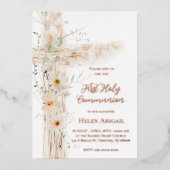 watercolor flowers cross First Communion Folie Uitnodiging (Voorkant)
