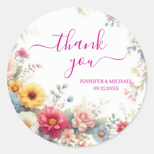 Watercolor Flowers Handwritten Script Thank You Ronde Sticker (Voorkant)