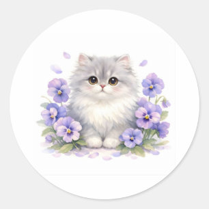 Watercolor Fluffy Kitten met Paarse Drievlakbloeme Ronde Sticker