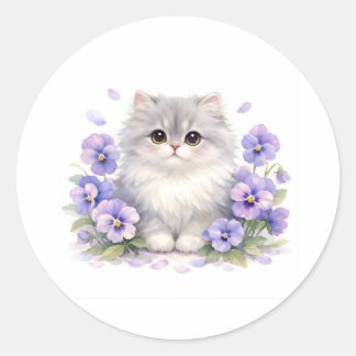 Watercolor Fluffy Kitten met Paarse Drievlakbloeme Ronde Sticker