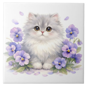 Watercolor Fluffy Kitten met Paarse Drievlakbloeme Tegeltje