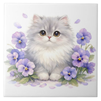 Watercolor Fluffy Kitten met Paarse Drievlakbloeme Tegeltje