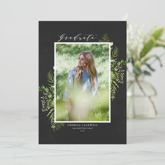 Watercolor Foliage Chalkboard Photo Graduation Aankondiging (Staand voorkant)