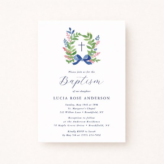 Watercolor Foliage Wreath Blue Bow Baptism  Kaart