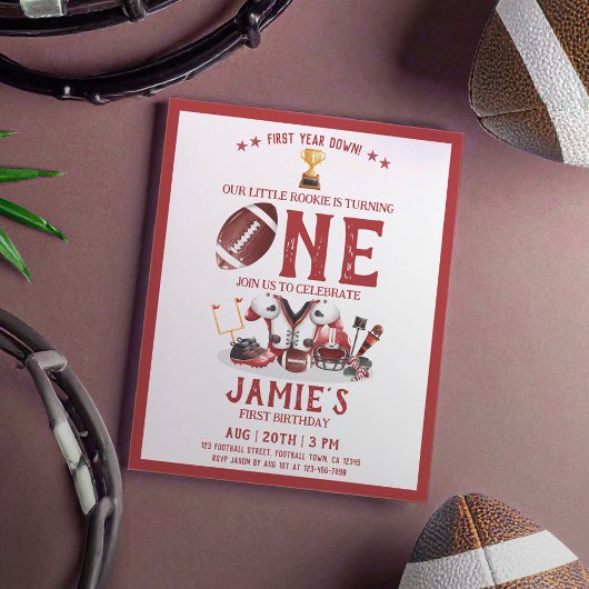 Watercolor Football Red Cheap 1st Birthday Invite