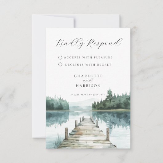 Watercolor Forest Mountain Lake Wedding RSVP Kaartje (Voorkant)
