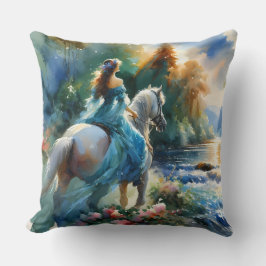 Watercolor Forest River Horsewoman Dreamscape Kussen