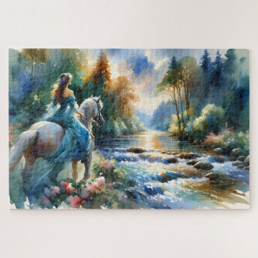 Watercolor Forest River Horsewoman Dreamscape Legpuzzel (Horizontaal)
