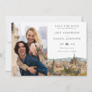 Watercolor foto bruiloft Barcelona uitzicht Save The Date