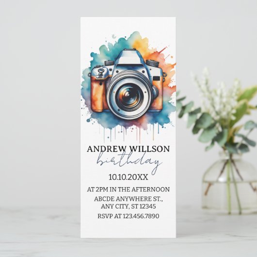 watercolor fotocamera fotograaf VERJAARDAGS Uitnod Kaart (Staand voorkant)