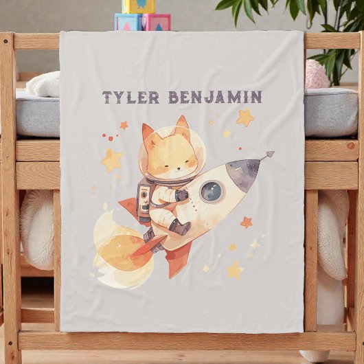 Watercolor Fox on Space Rocket Fleece Deken