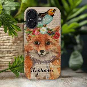 Watercolor Foxy Floral Friends Gepersonaliseerde n iPhone 16 Hoesje