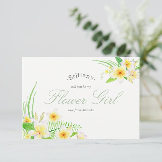 Watercolor Frangipani Bruiloft Wees Mijn Bloemenme Kaart (Staand voorkant)