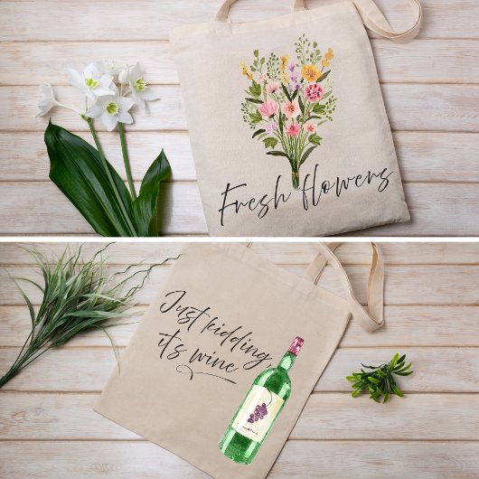 Watercolor Fresh Flowers & Wine Funny Tote Bag