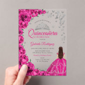 Watercolor Fuchsia Pink Roses Silver Quinceanera Acryl Uitnodigingen (Insitu (Draagbaar))