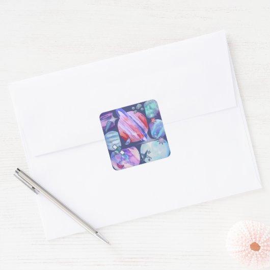 Watercolor Galaxy Patchwork Vierkante Sticker (Envelop)