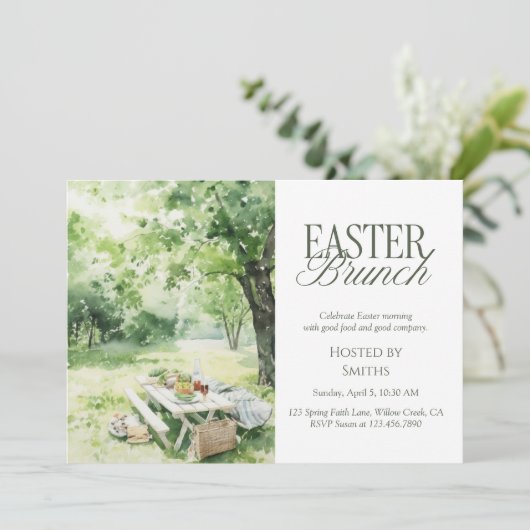 Watercolor Garden Picnic Easter Brunch Elegant Kaart (Staand voorkant)