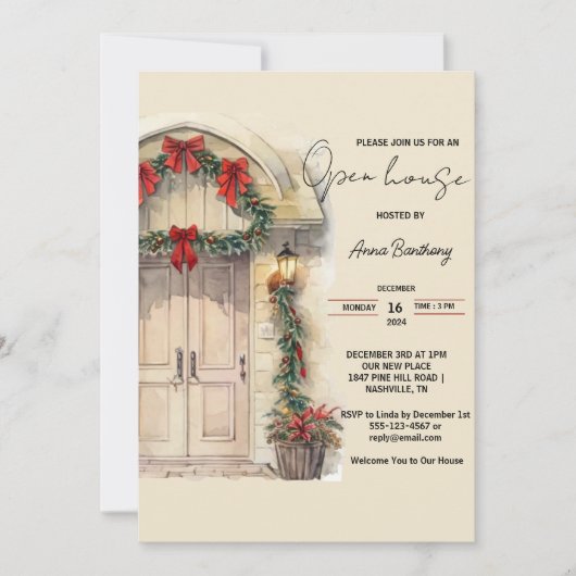 Watercolor Gebogen Deur Kerst Open Huis Kaart (Voorkant)