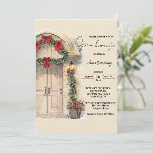 Watercolor Gebogen Deur Kerst Open Huis Kaart (Staand voorkant)